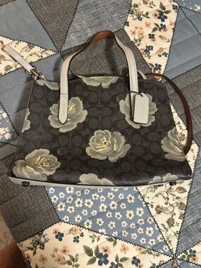 Coach Black Floral Print Satchel with Light Gray Trim